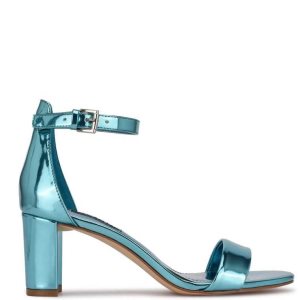Nine West Pruce Ankle Remienkove Block Sandals Modre Metal | BTUZHN-618